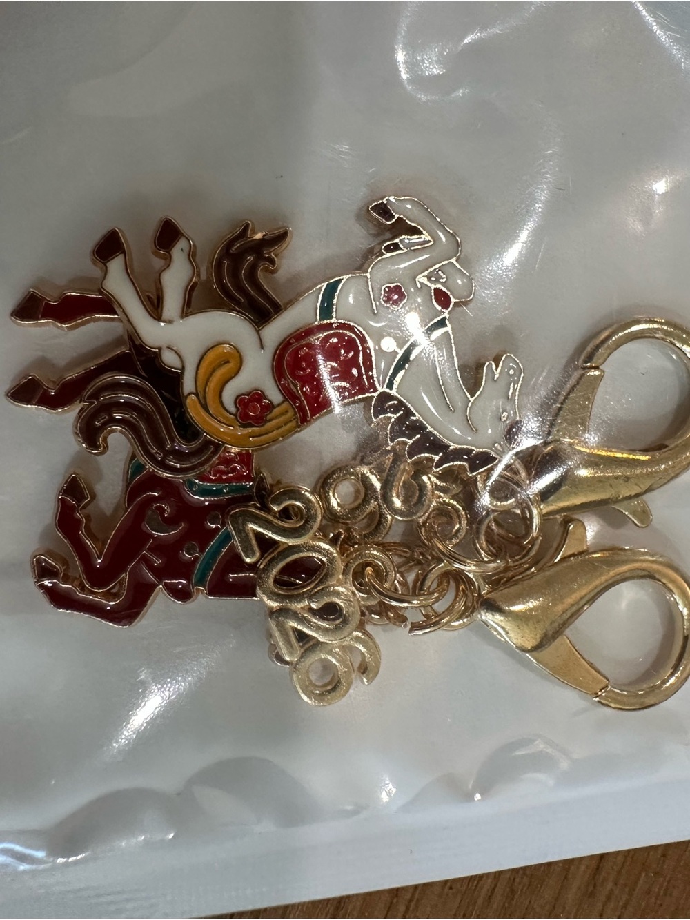 Enamel Carousel Horse Keychain Charm - White & Red with Gold Hardware